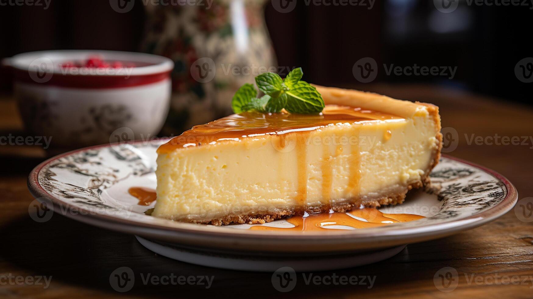 ai généré une tranche de classique Nouveau york cheesecake sur une porcelaine plaque, fermer coup photo