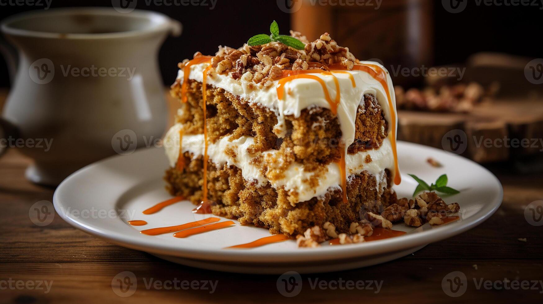 ai généré une tranche de carotte gâteau avec crème fromage servi sur une ancien céramique plaque, artistique coup photo