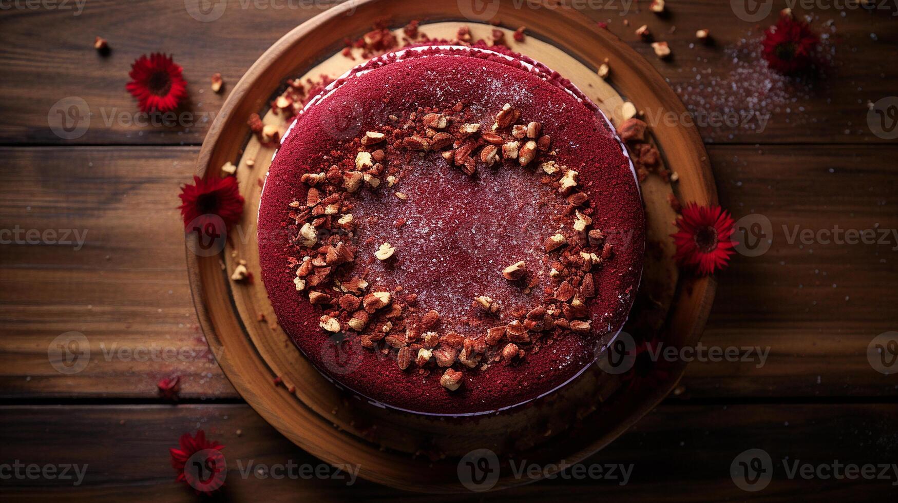 ai généré une rouge velours gâteau garni avec rouge velours les miettes sur une rustique en bois tableau, aérien coup photo