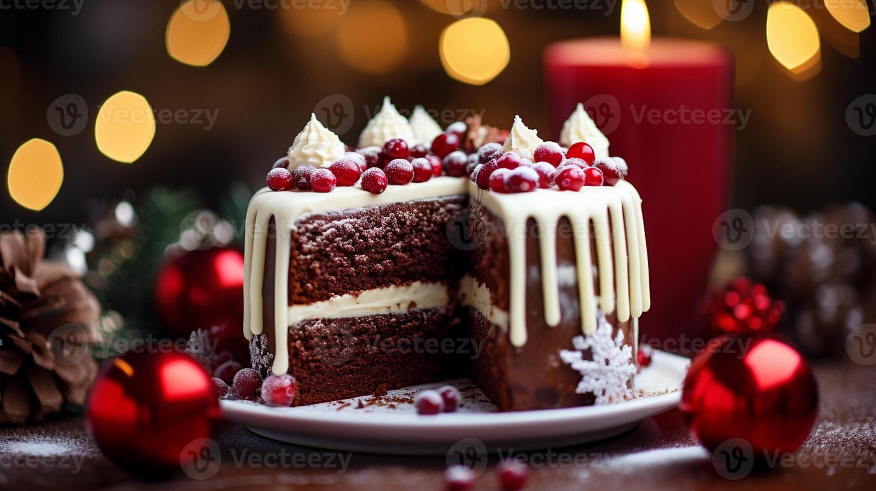 ai généré une rouge velours gâteau décoré avec sur le thème de l'hiver décorations, de fête coup photo