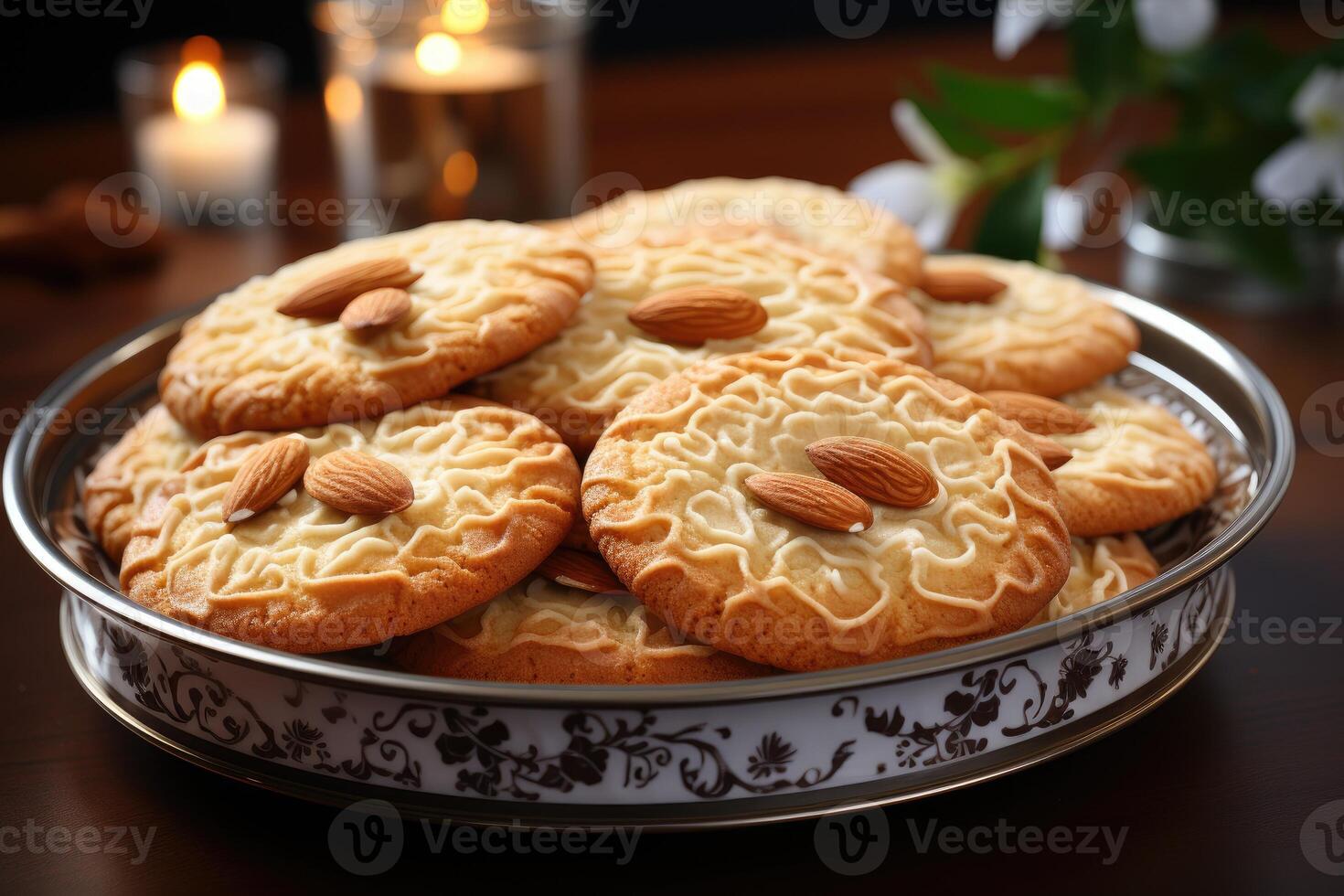 ai généré sucré amande biscuits sur le table professionnel La publicité nourriture la photographie photo