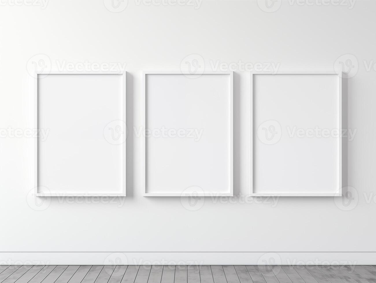 ai généré Trois blanc Cadre mur affiche maquette, blanc mur minimal chambre, blanc en bois sol, nettoyer et minimal photo