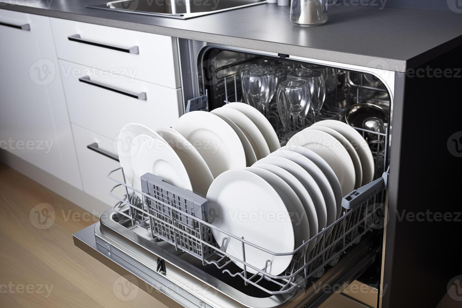 ai généré Lave-vaisselle à l'intérieur magnifique cuisine avec blanc utilisé vaisselle cette préparé à laver. Entretien ménager concept. photo