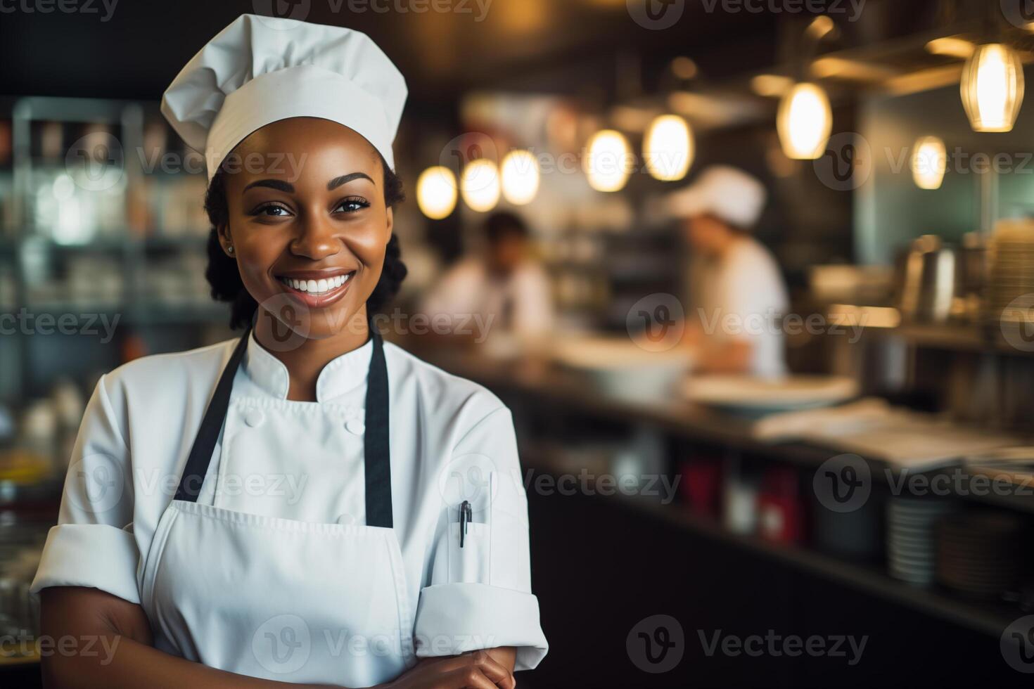 ai généré portrait de Afro-américain chef dans le cuisine dans une restaurant. photo