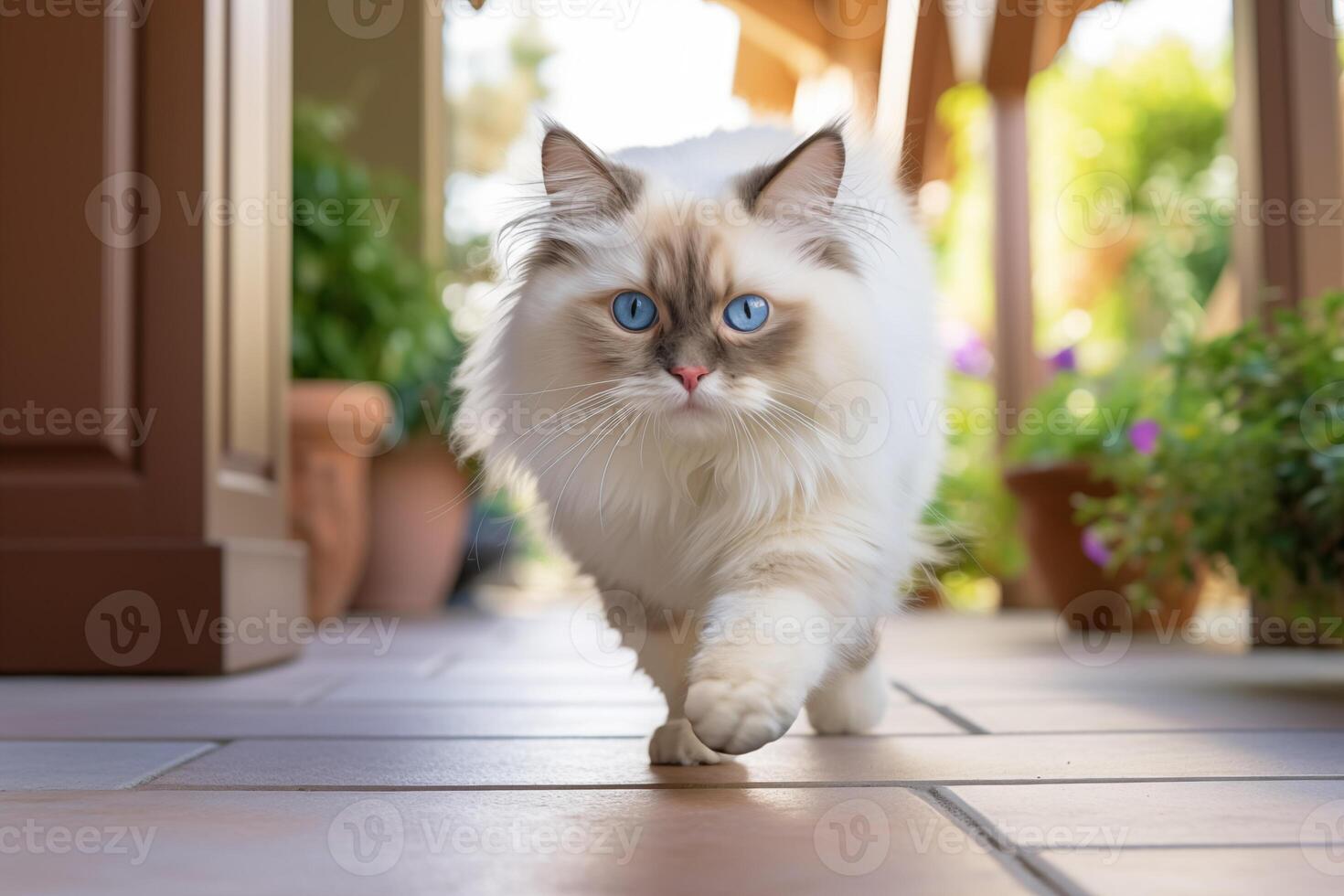 ai généré moyen coup portrait la photographie de une souriant ragdoll chat fonctionnement contre un attirant de face porche. photo