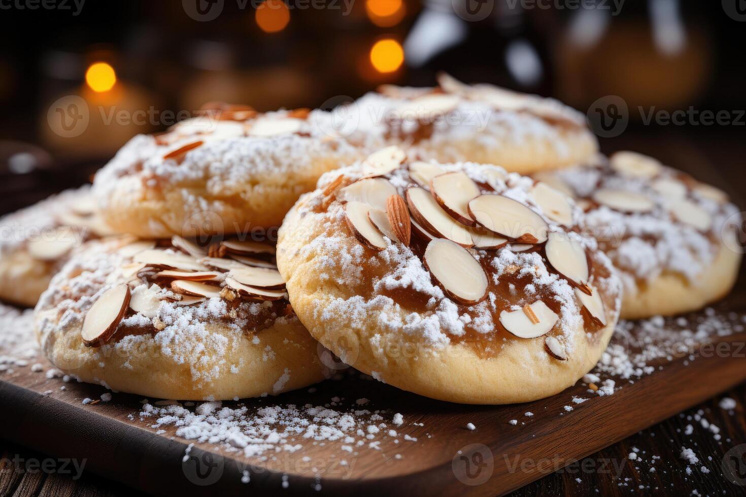 ai généré sucré amande biscuits sur le table professionnel La publicité nourriture la photographie photo