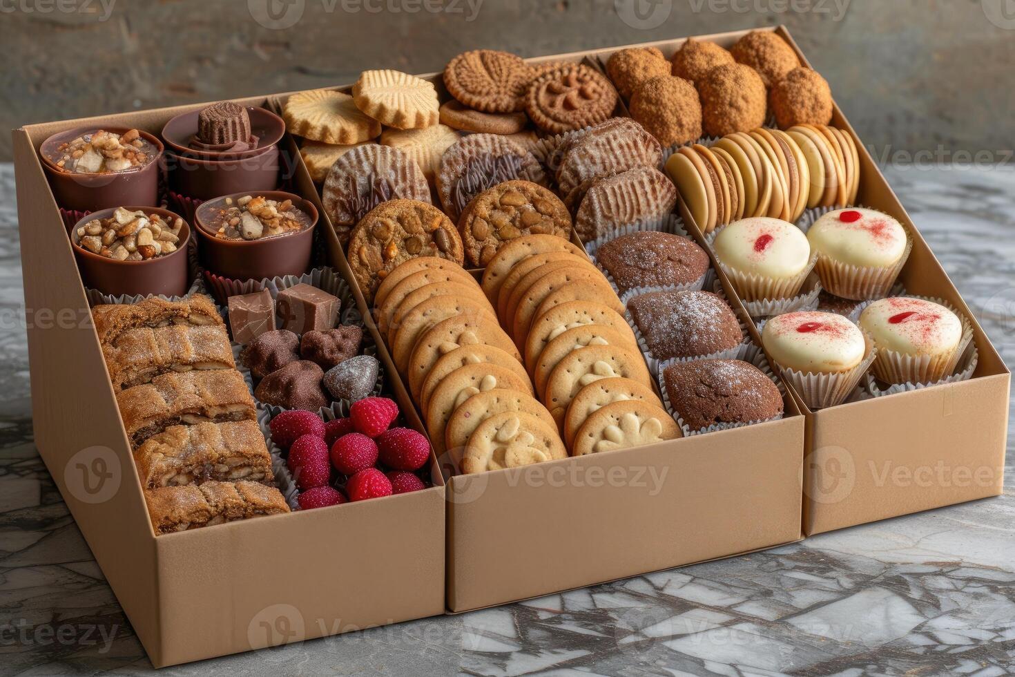 ai généré une grand cadeau boîte rempli avec une variété de des chocolats et biscuits professionnel La publicité nourriture la photographie photo