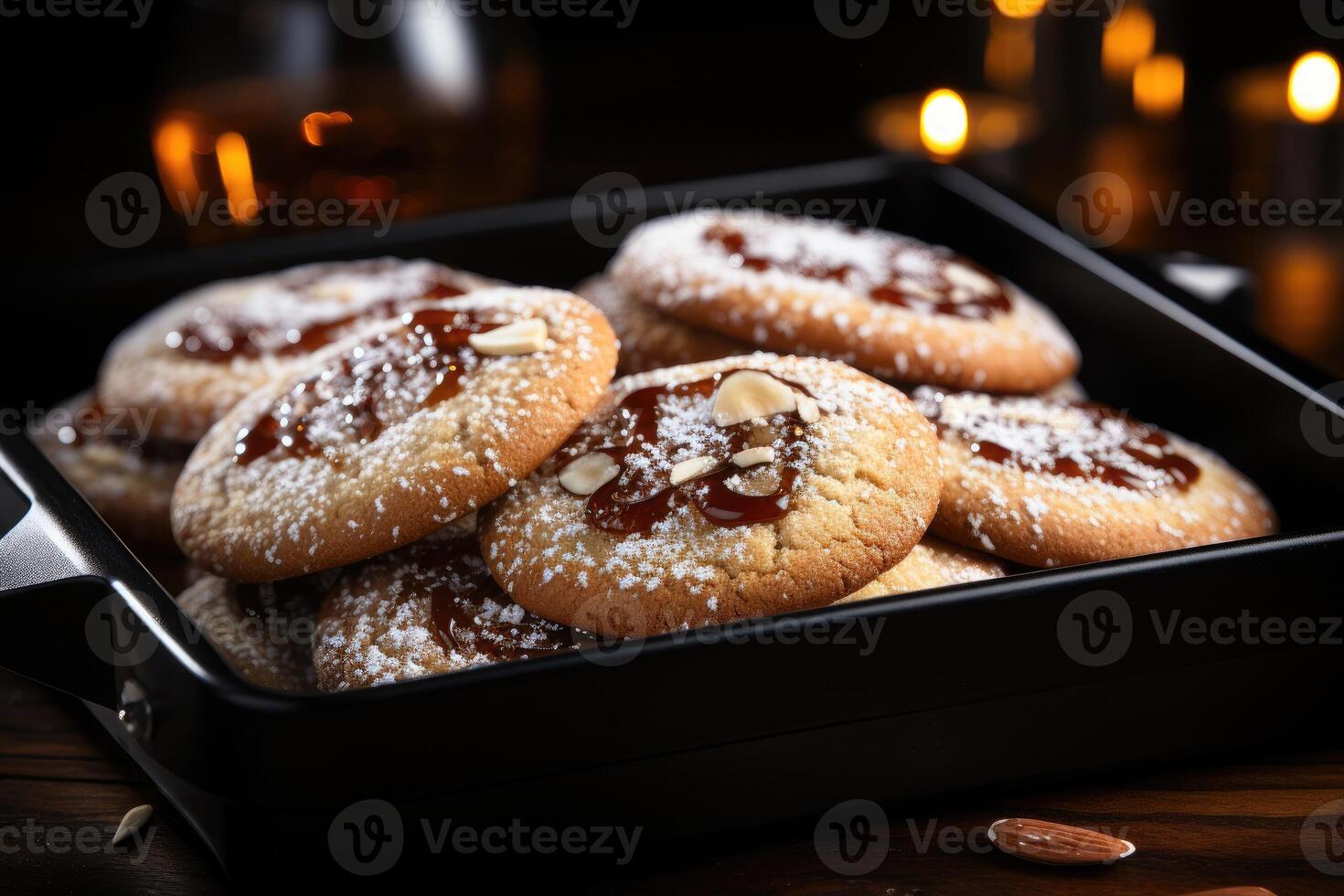 ai généré sucré amande biscuits sur le table professionnel La publicité nourriture la photographie photo