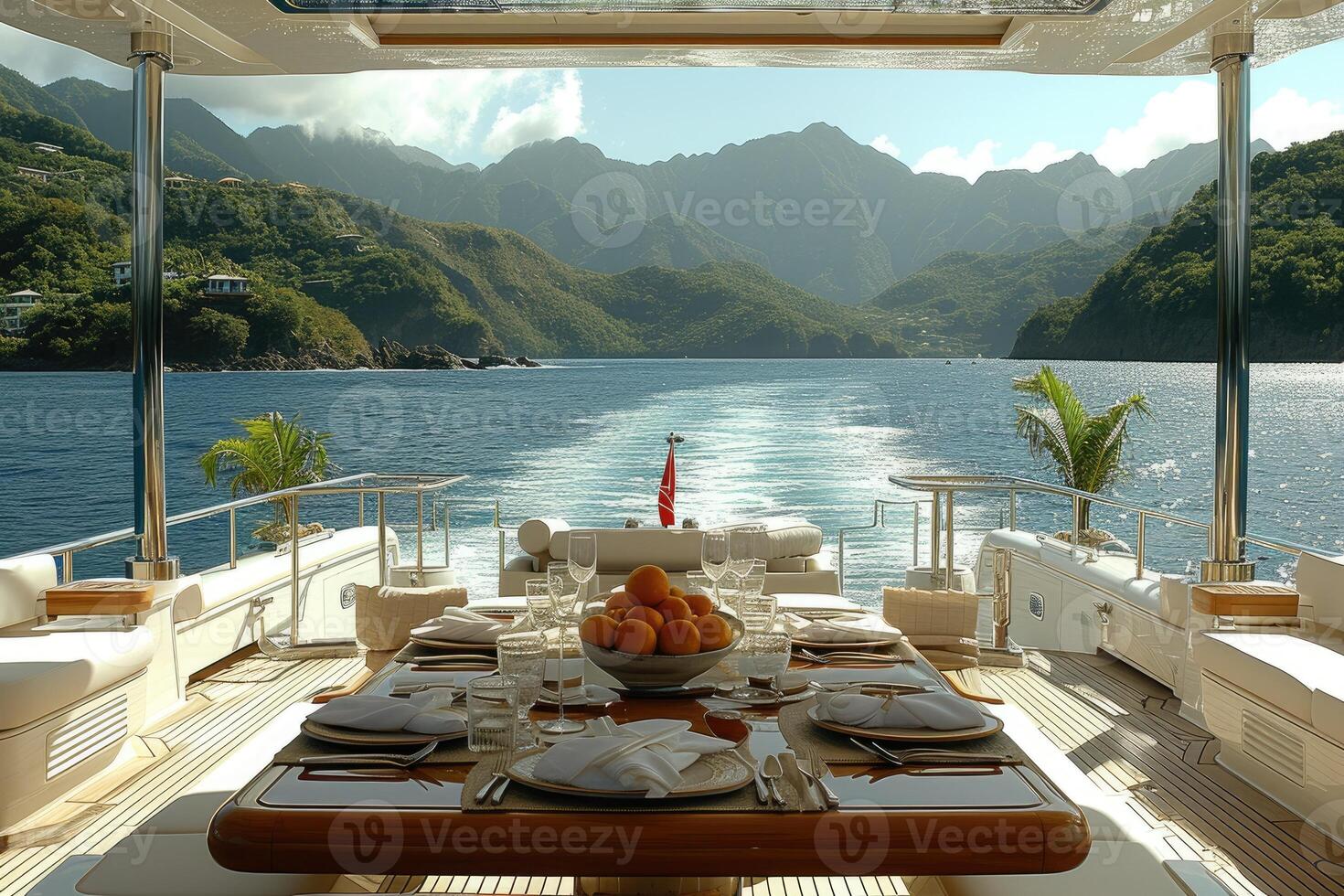 ai généré à manger table sur le plus haut plate-forme fantaisie yacht professionnel La publicité nourriture la photographie photo
