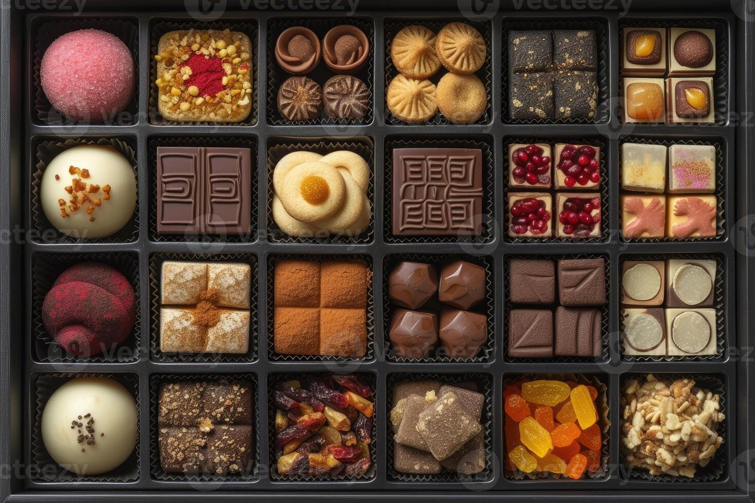 ai généré une grand cadeau boîte rempli avec une variété de des chocolats et biscuits professionnel La publicité nourriture la photographie photo