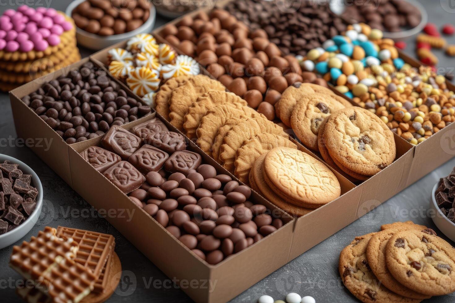 ai généré une grand cadeau boîte rempli avec une variété de des chocolats et biscuits professionnel La publicité nourriture la photographie photo