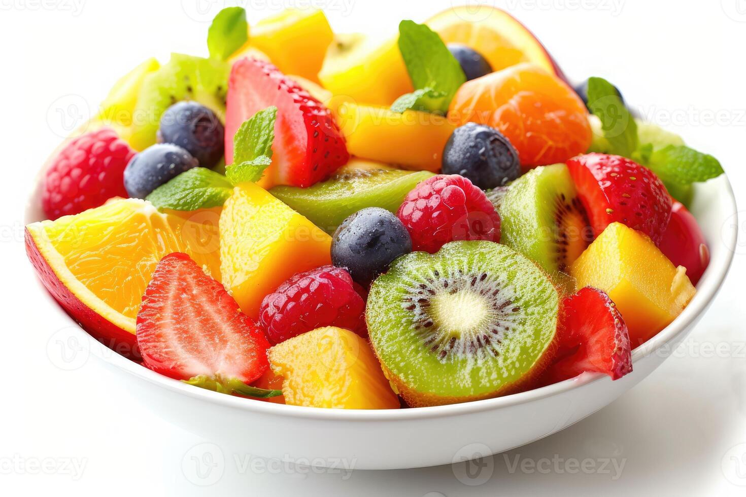 ai généré Frais mixte des fruits salade dans une bol professionnel La publicité nourriture la photographie photo