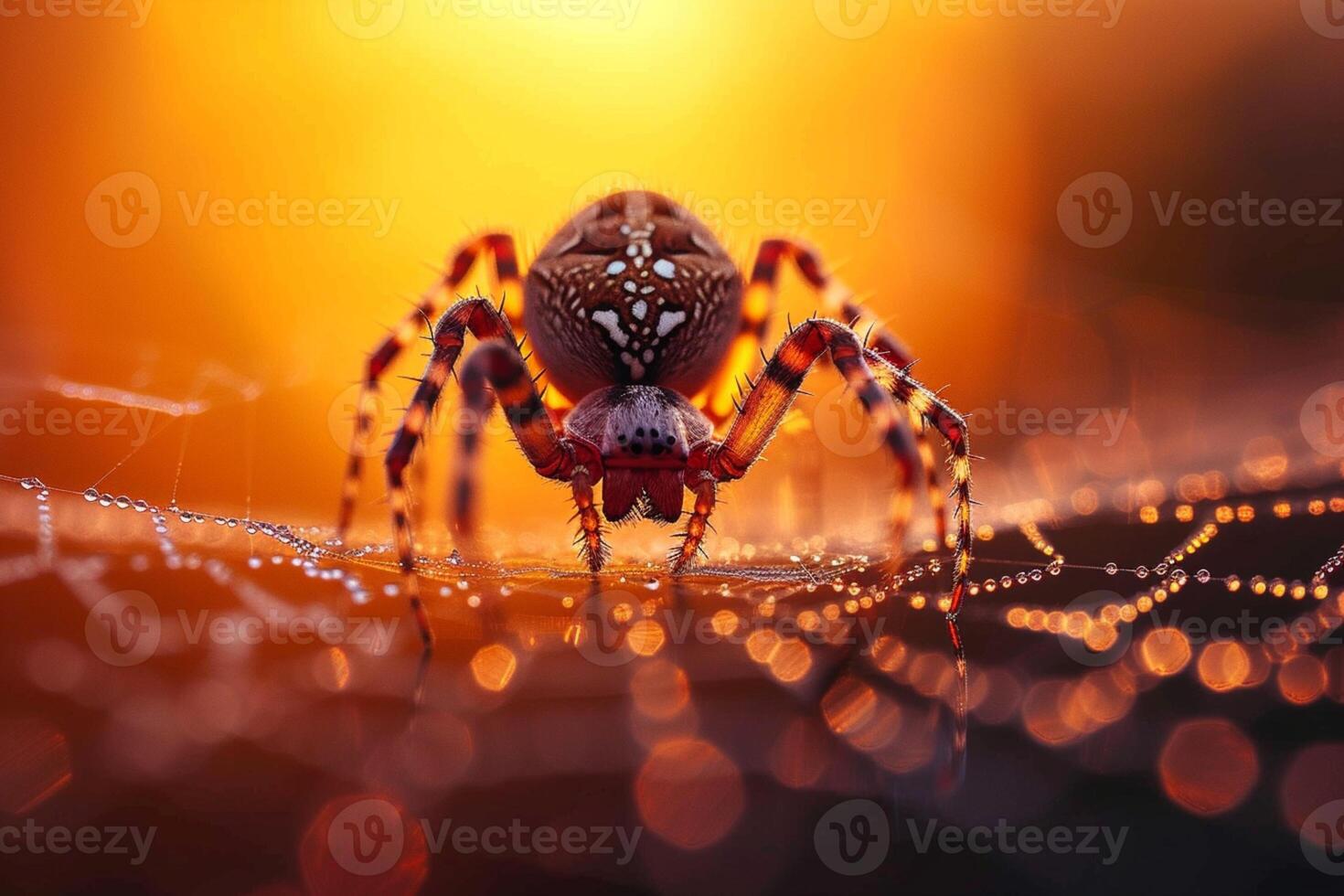 ai généré intrigant moment une araignée traverse une rosée couvert la toile pendant le coucher du soleil photo