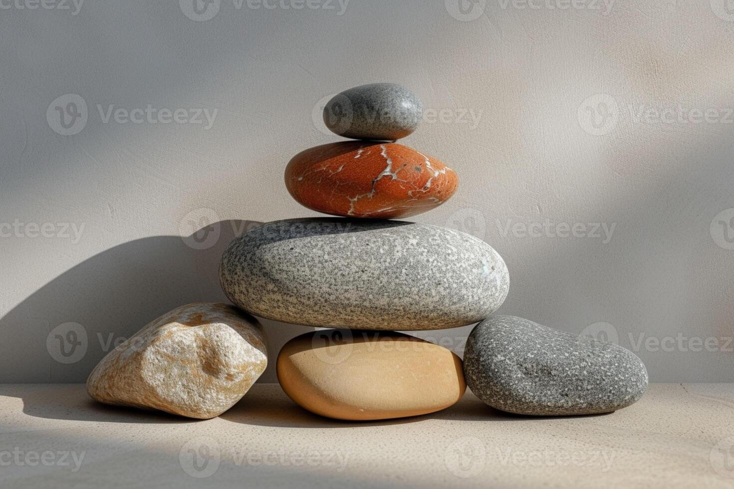 ai généré arrangement de des pierres crée une serein et harmonieux dessus de la table afficher photo