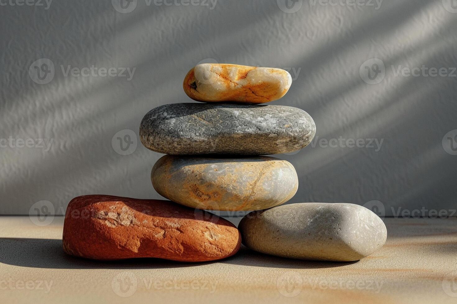 ai généré arrangement de des pierres crée une serein et harmonieux dessus de la table afficher photo