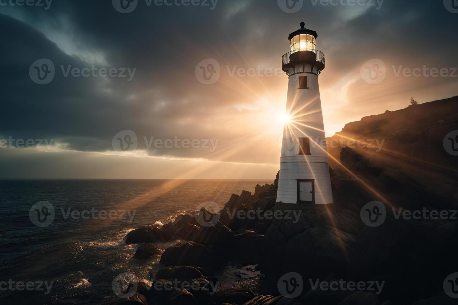 ai généré phare sur le île dans le brillant des rayons de le coucher du soleil ou aube. généré par artificiel intelligence photo