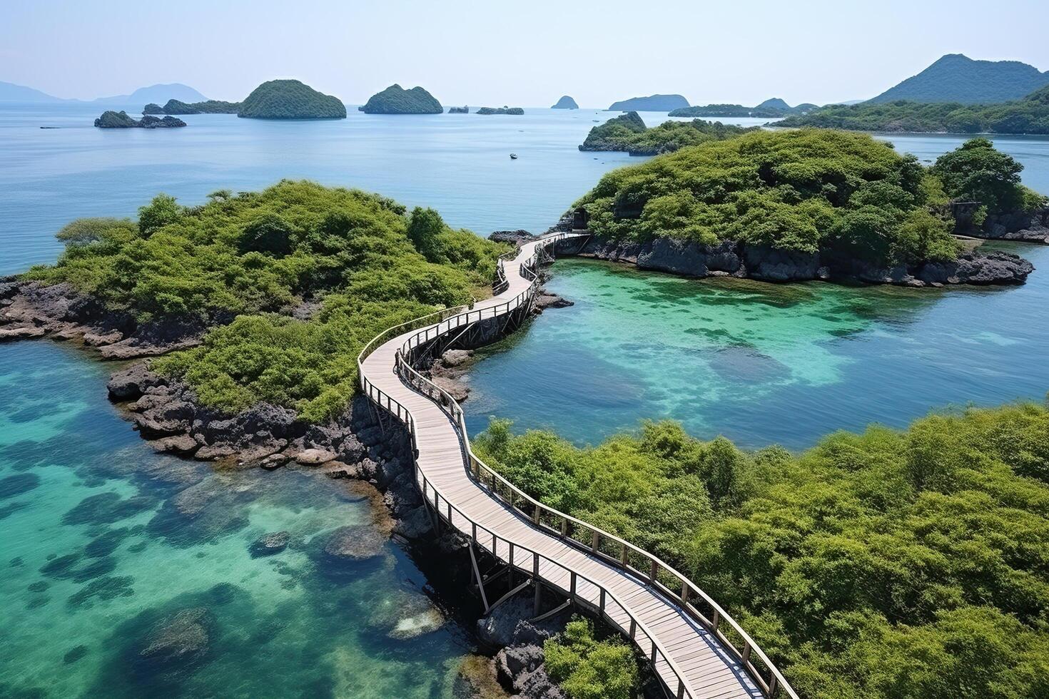 ai généré îles dans le mer connecté par une pont. généré par artificiel intelligence photo