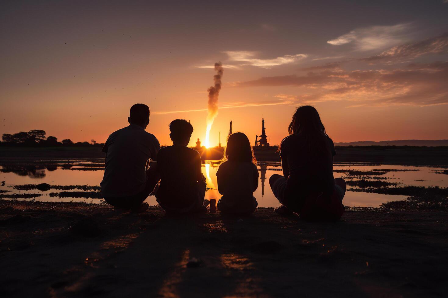 ai généré famille asseoir par le l'eau et Regardez à le des étincelles dans le ciel. généré par artificiel intelligence photo