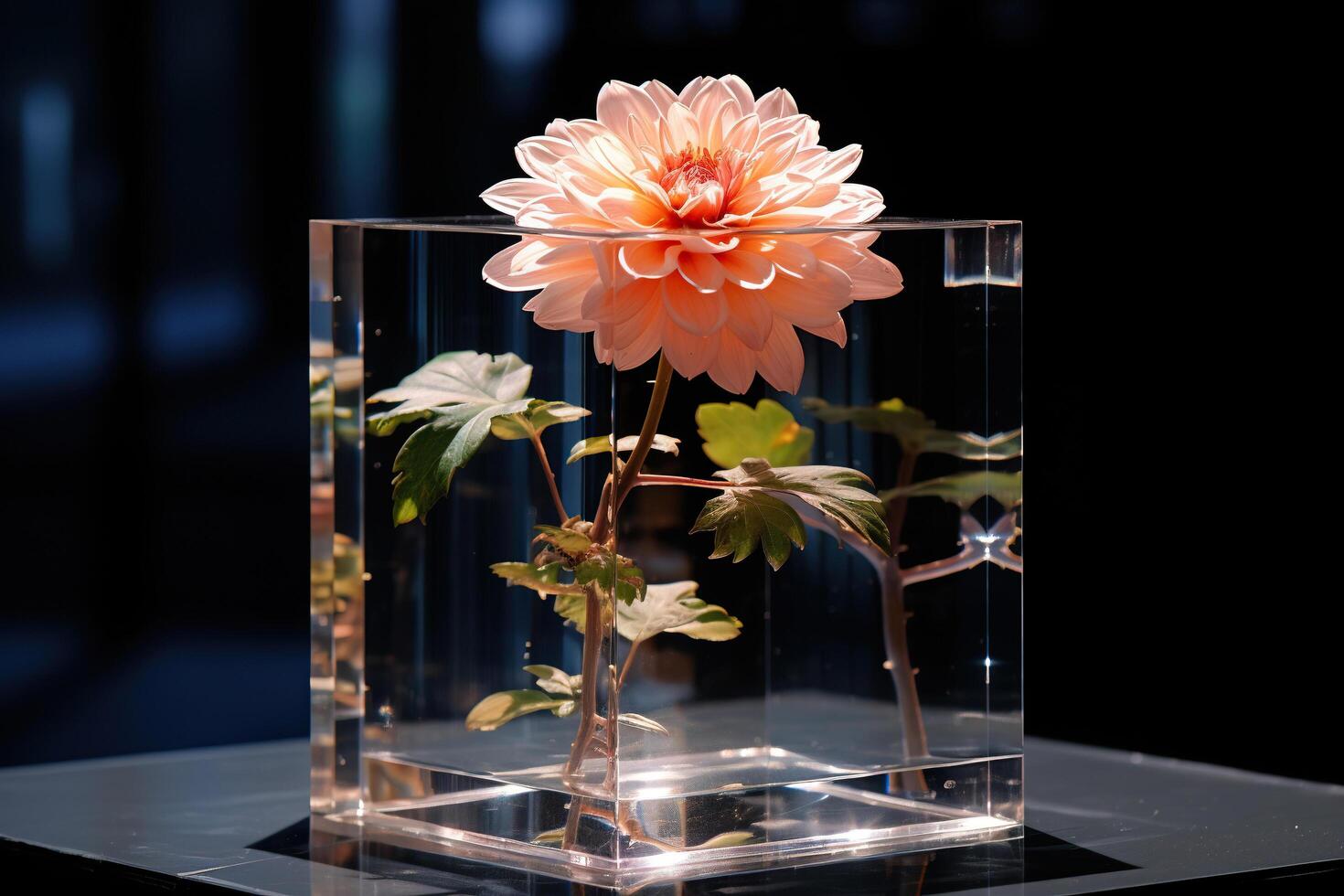 ai généré une fleur dans une verre cube sur une foncé Contexte. généré par artificiel intelligence photo