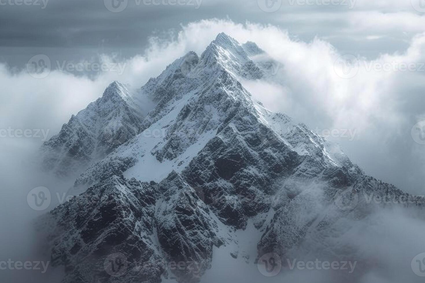 ai généré la tour de neige couvert pics majestueusement atteint pour le nuageux cieux photo