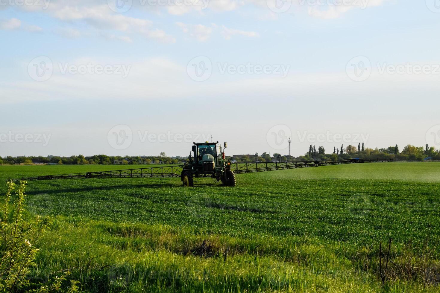 tracteur avec le Aidez-moi de une pulvérisateur Vaporisateurs liquide les engrais sur Jeune blé dans le champ. photo