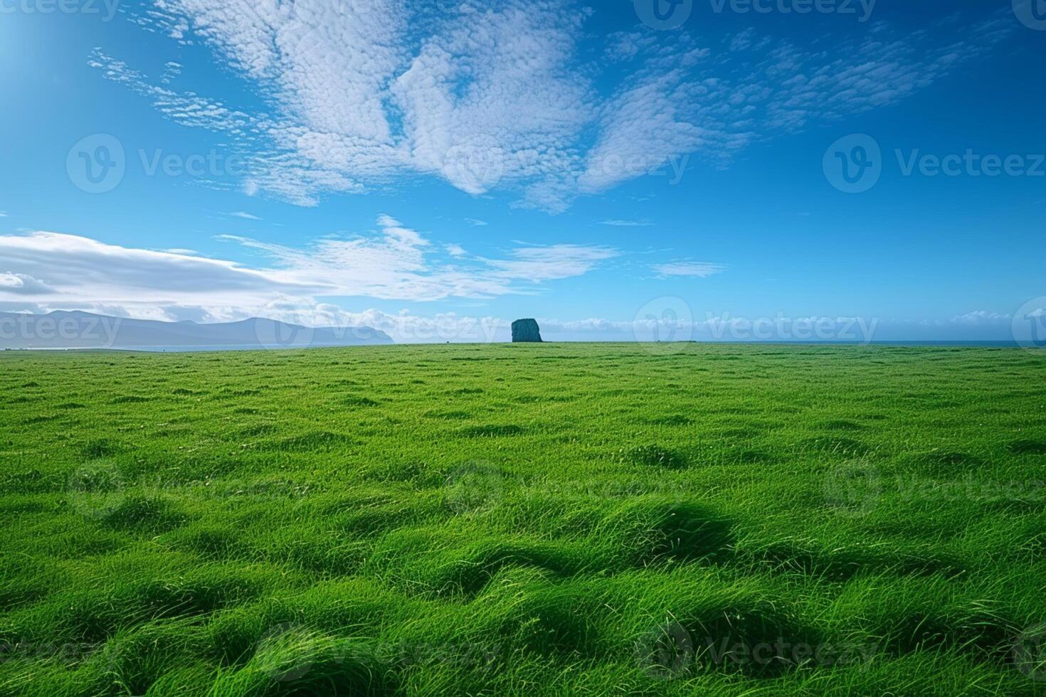 ai généré tranquille scène vert herbe champ s'étire sous une clair bleu ciel photo
