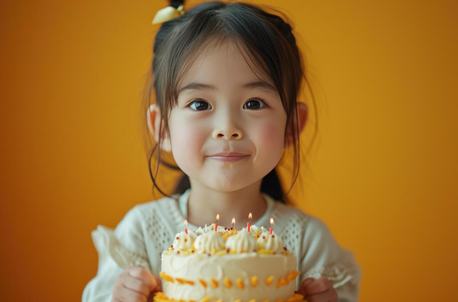 ai généré une peu fille en portant en haut une anniversaire gâteau sur une Jaune Contexte. photo