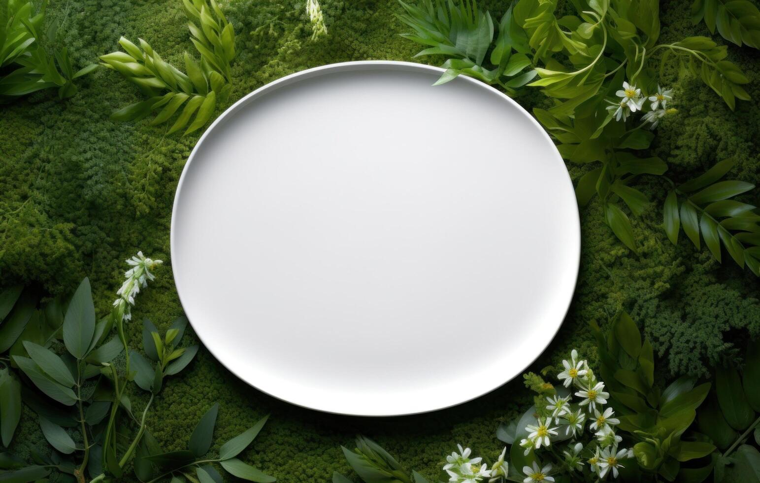 ai généré blanc ovale assiette dans verdure verdure Contexte. photo