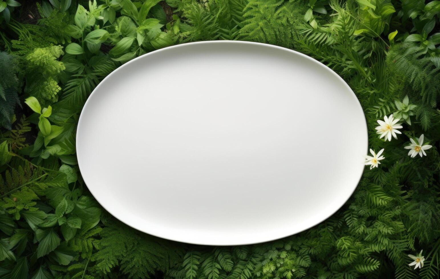 ai généré blanc ovale assiette dans verdure verdure Contexte. photo