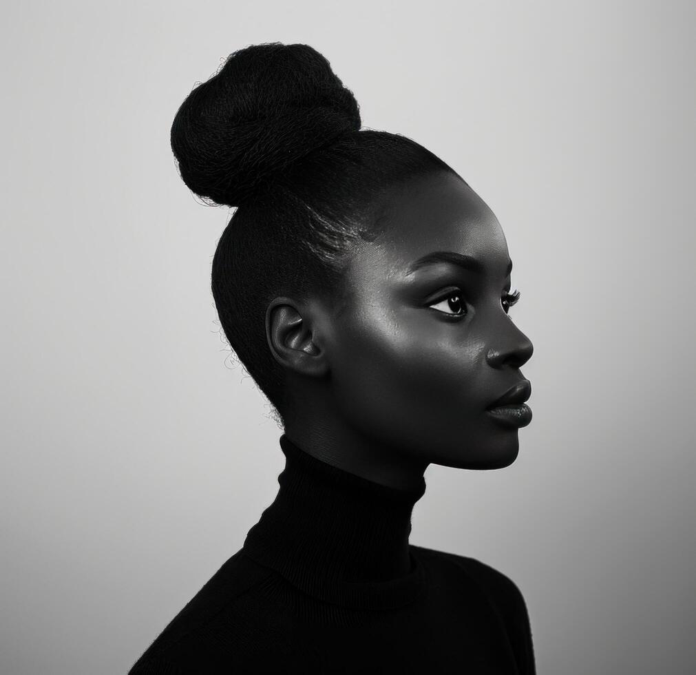 ai généré noir et blanc noir photographier de une femme avec haute chignon tête photo