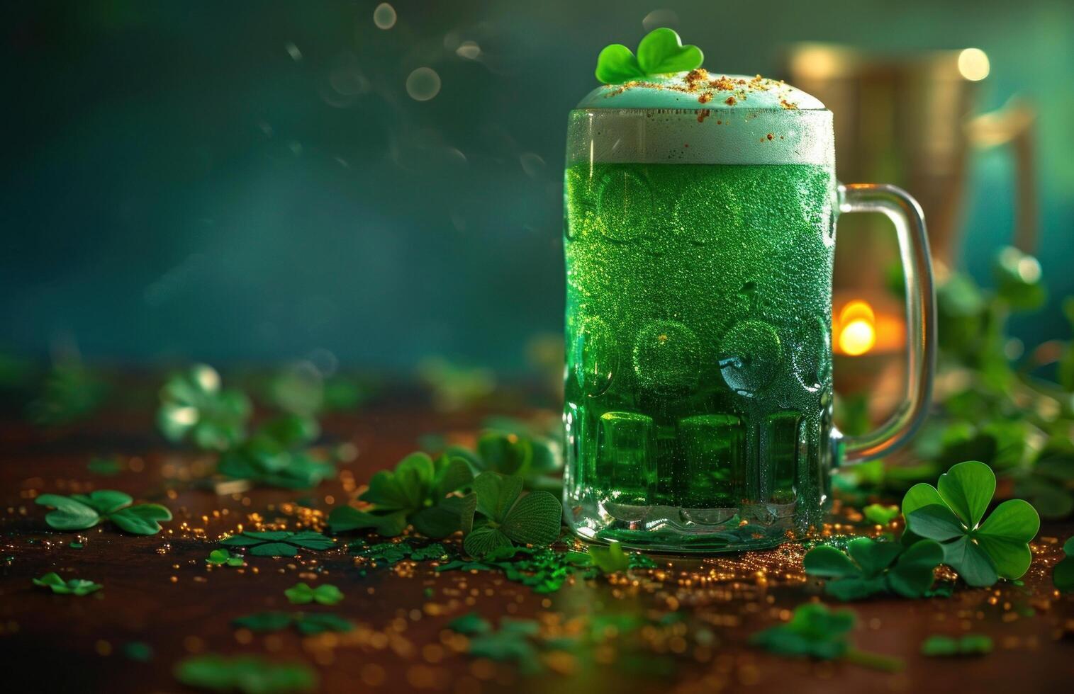 ai généré irlandais Bière et sucré trèfle en forme de fiesta photo