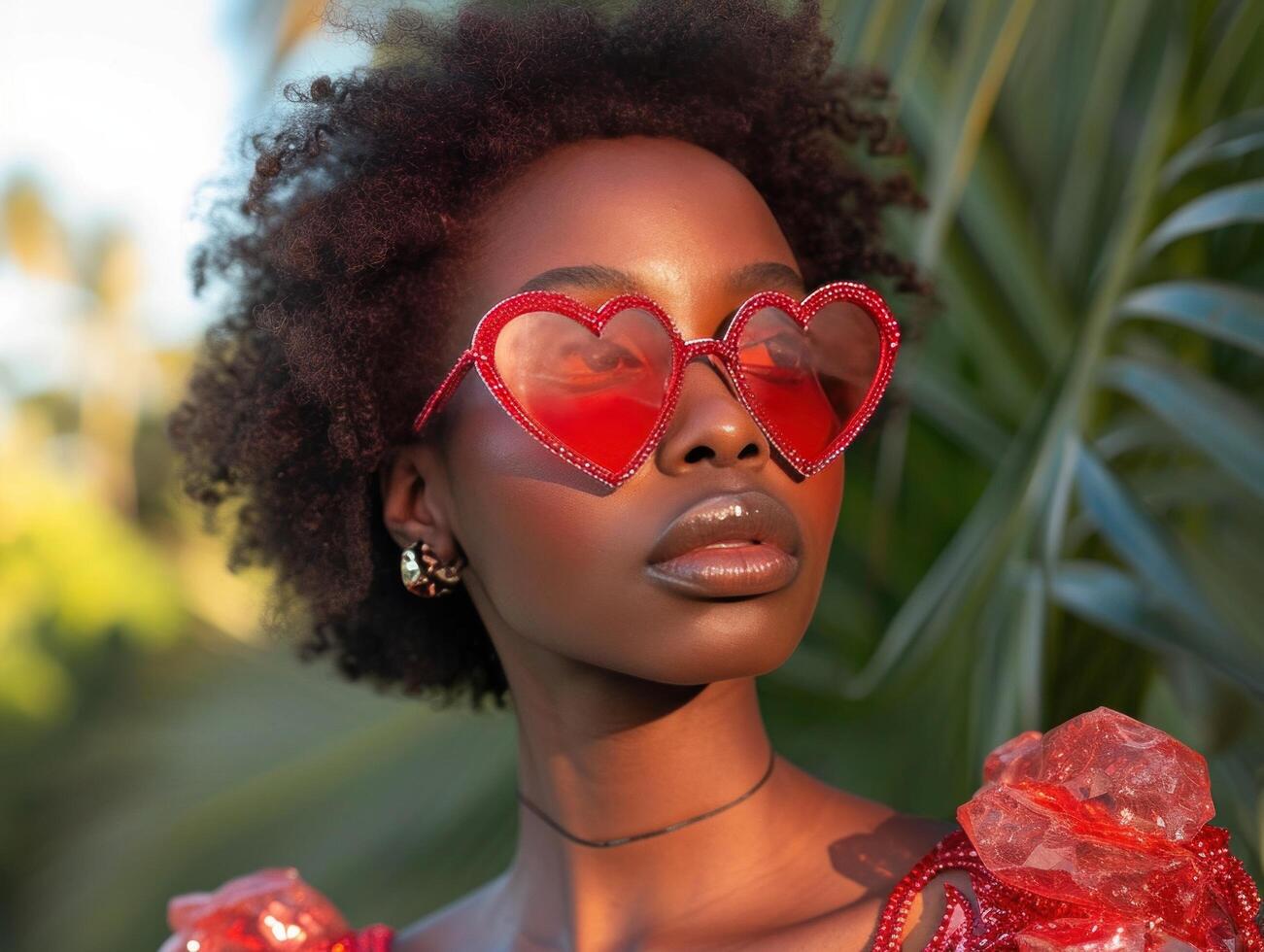 ai généré femme portant rouge cœur des lunettes portant rouge robe photo