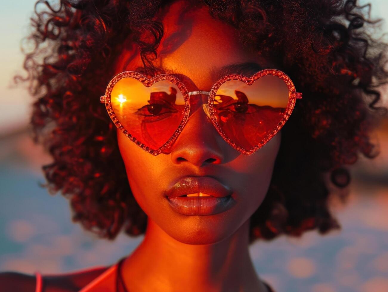ai généré une noir femme avec gros boucles posant en plein air derrière une cœur en forme de des lunettes de soleil photo