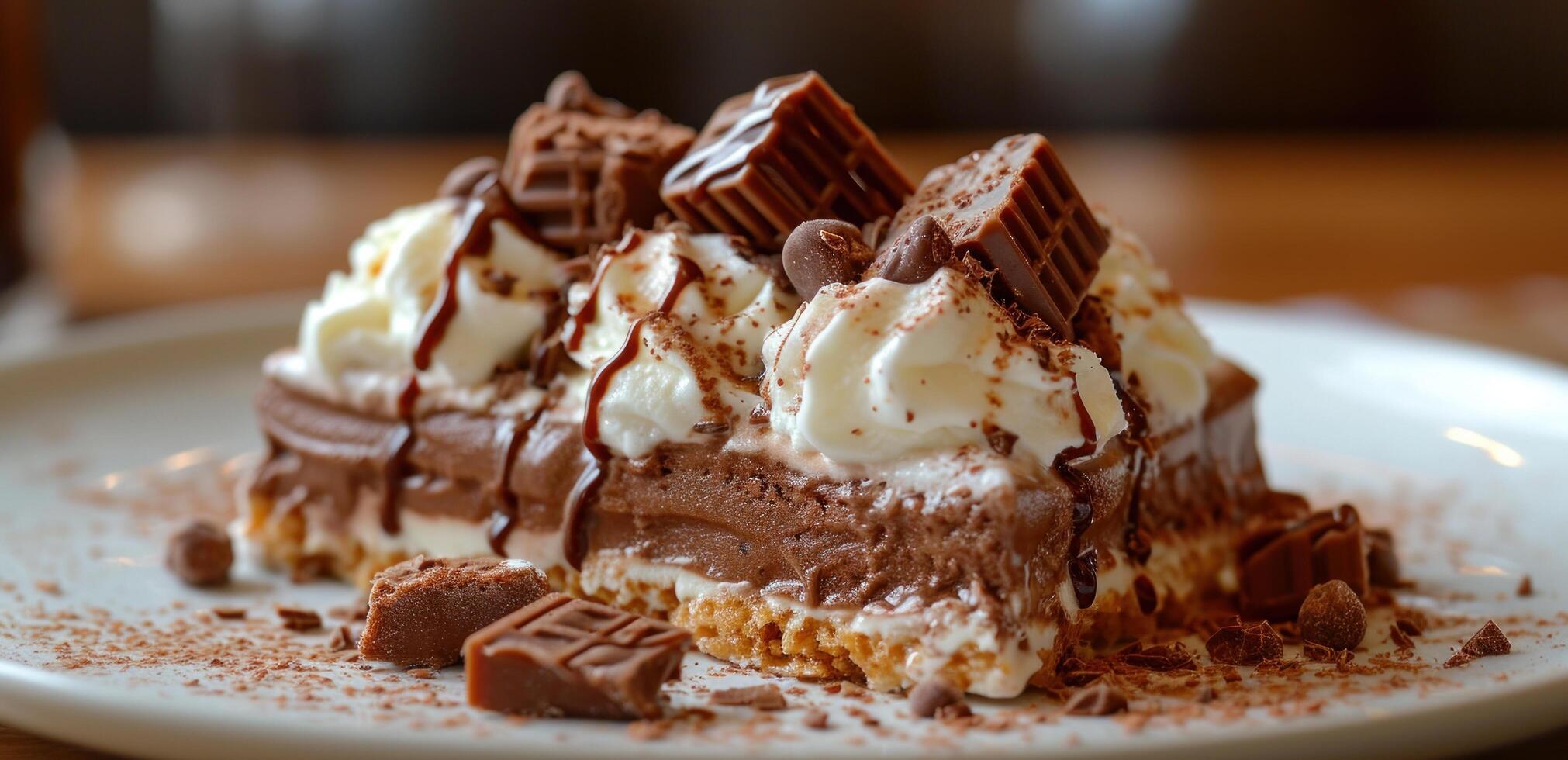 ai généré une gâteau et Chocolat la glace crème avec caramel, allongé photo