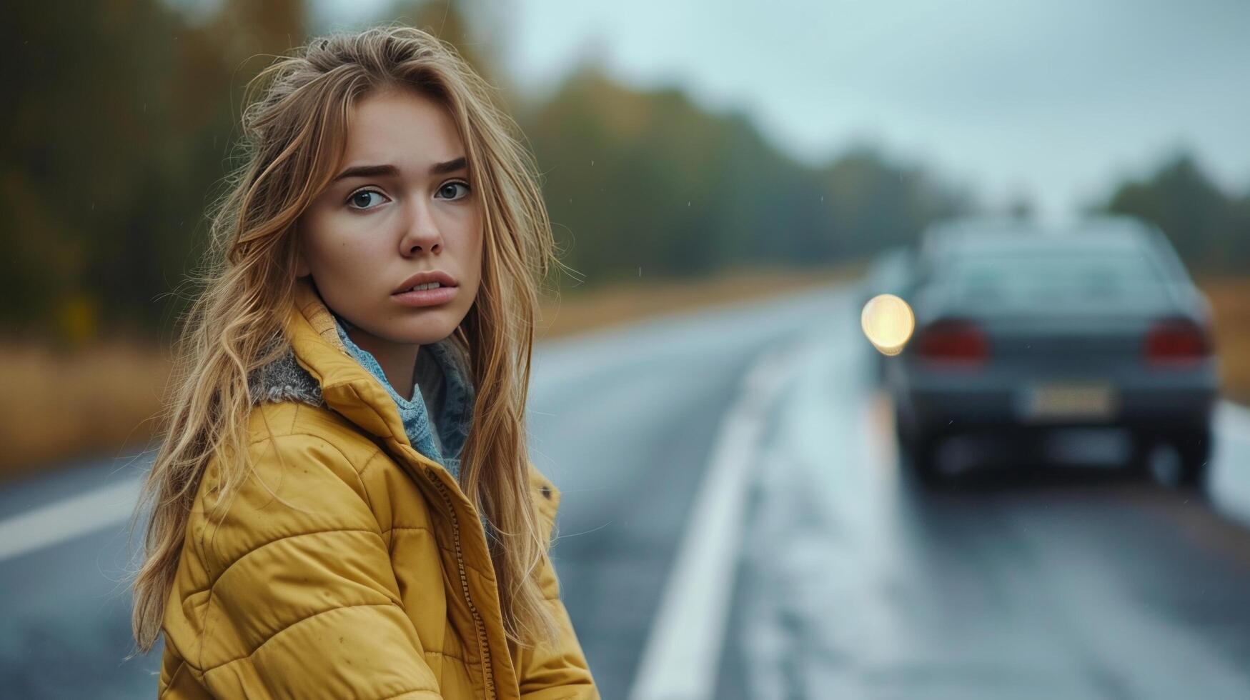 ai généré une Jeune magnifique femme des stands sur le côté de le route près une voiture avec une cassé pneu et demande pour Aidez-moi photo