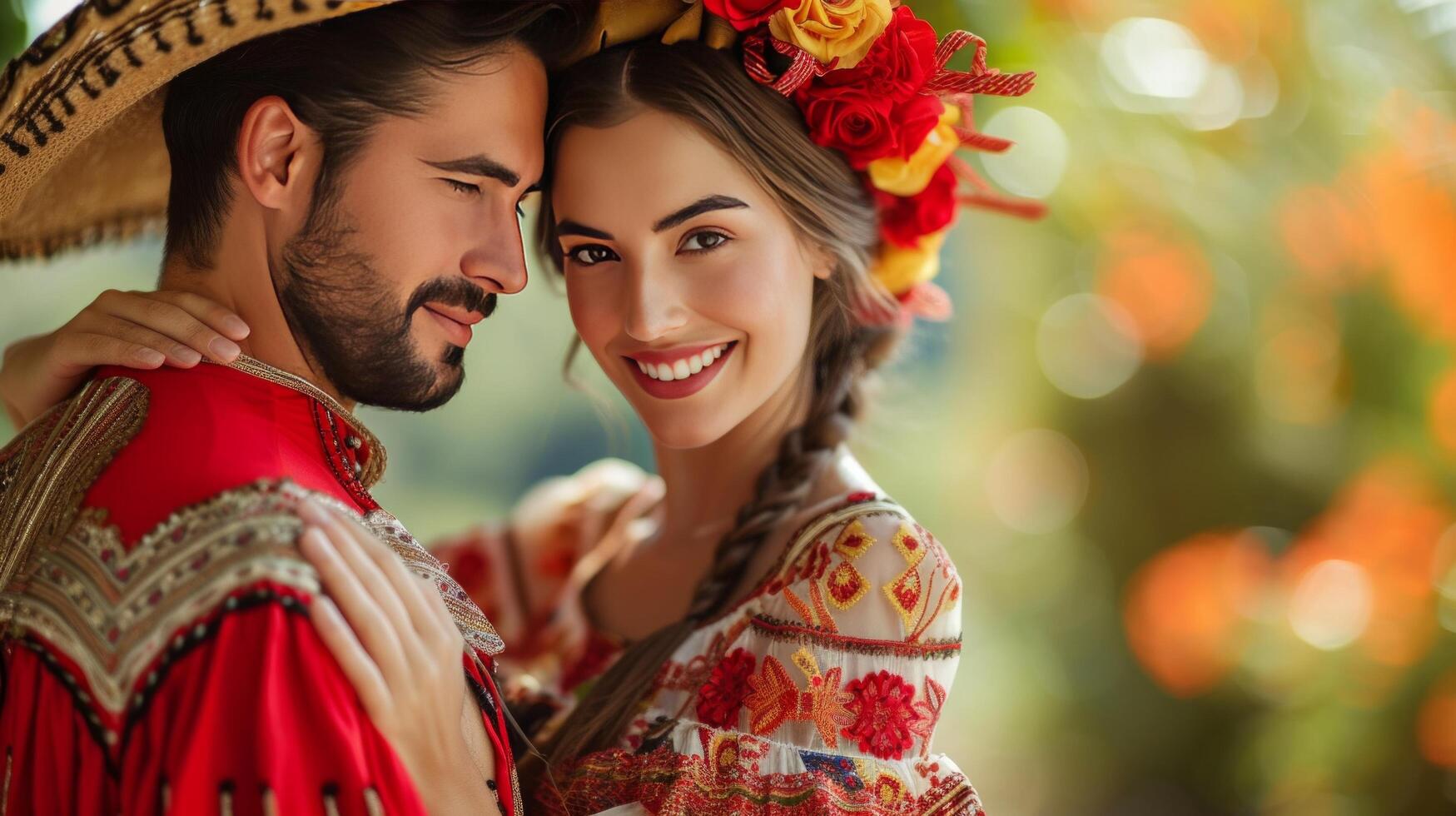 ai généré magnifique Espagnol Jeune couple dansant dans nationale costumes Latin Danse photo