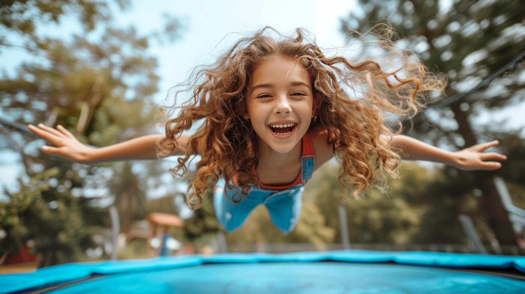 ai généré joyeux frisé fille sauter sur une trampoline dans le parc photo