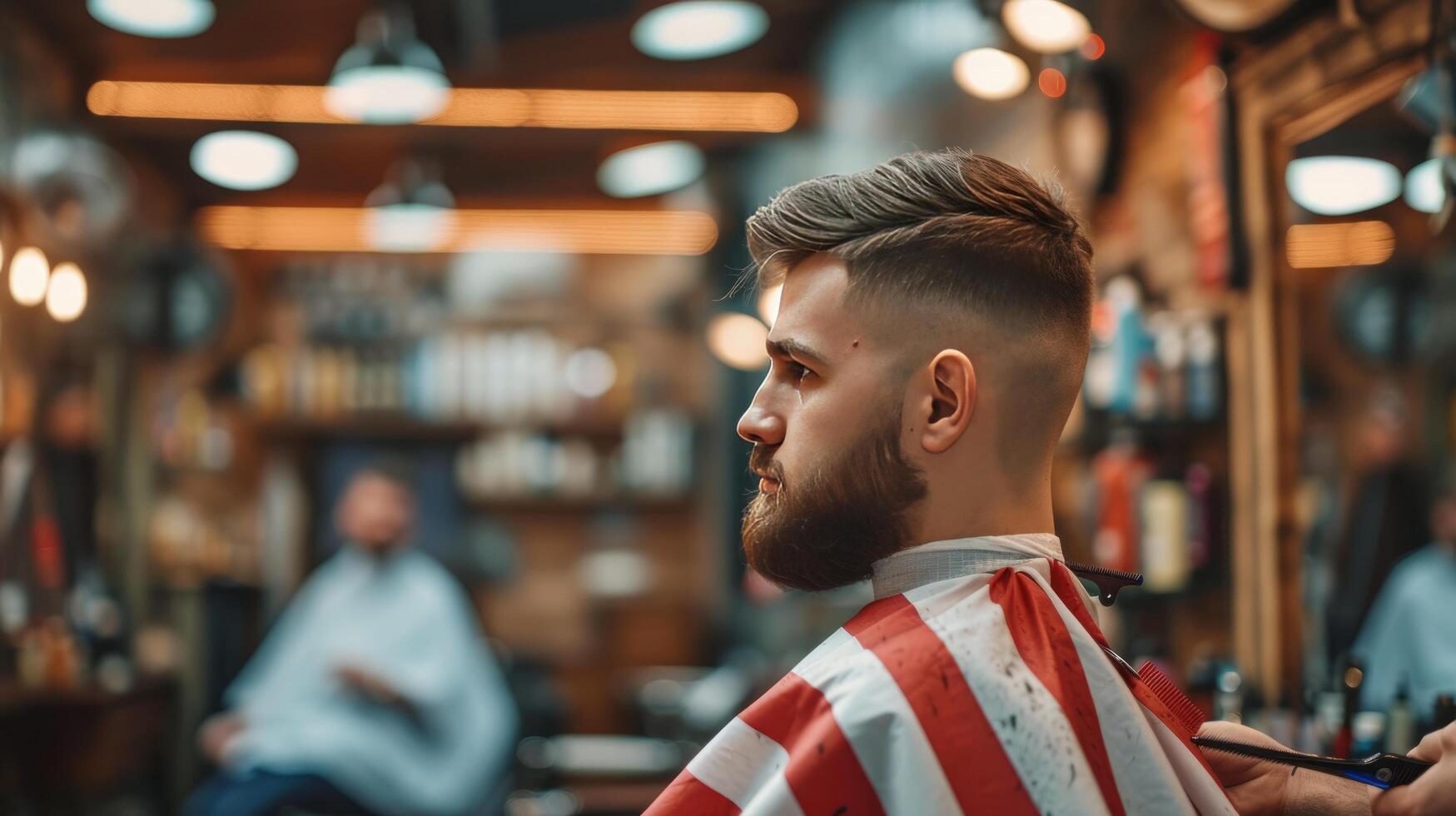 ai généré Jeune Beau coiffeur donne une la Coupe de cheveux à une brutal homme dans une salon de coiffure photo