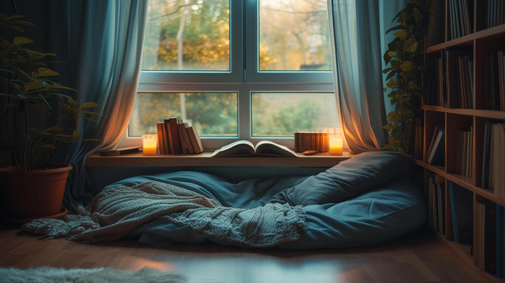 ai généré une confortable en train de lire coin, où une la personne perd se dans une bien livre photo