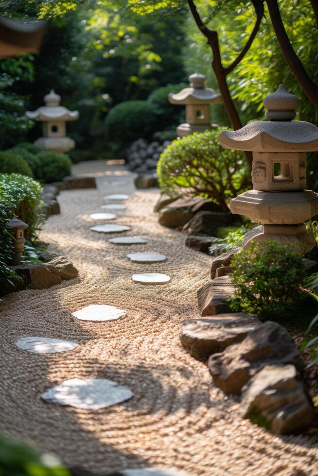 ai généré une paisible Japonais jardin avec méticuleusement ratissé gravier et serein pierre lanternes photo