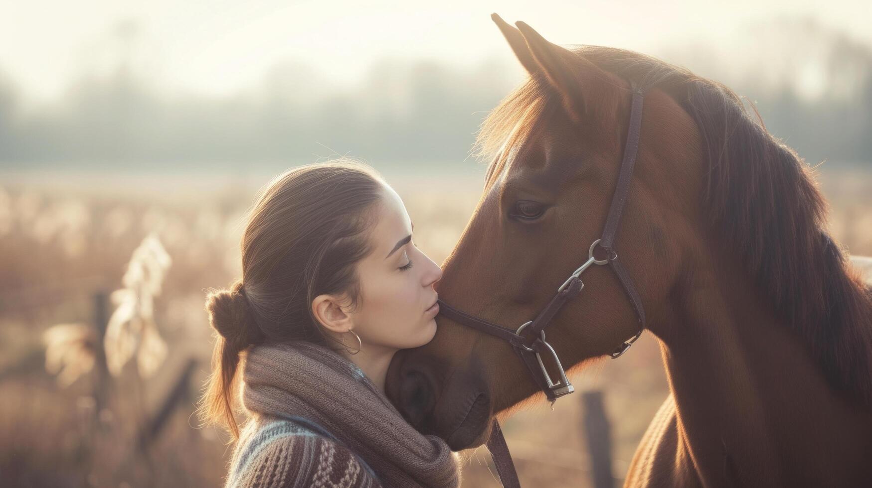 ai généré une cavalier et sa cheval partager un intime moment de lien et compréhension photo