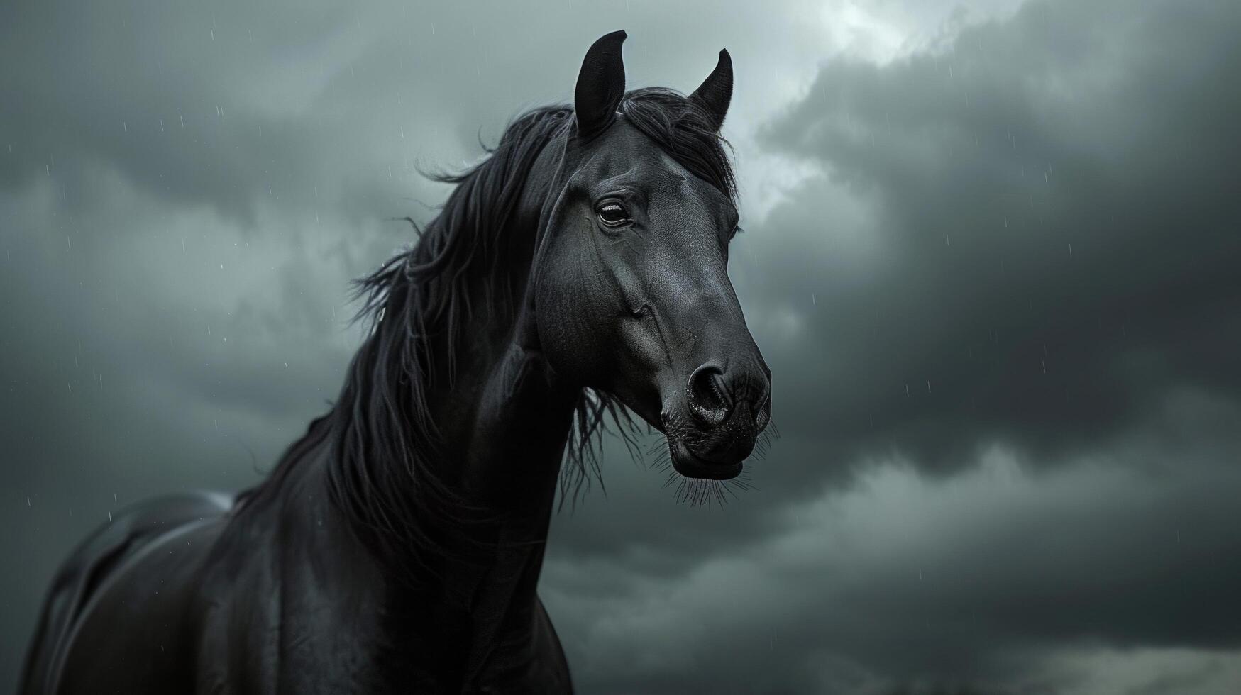 ai généré une puissant, ébène cheval des stands grand contre une spectaculaire, nuageux ciel photo