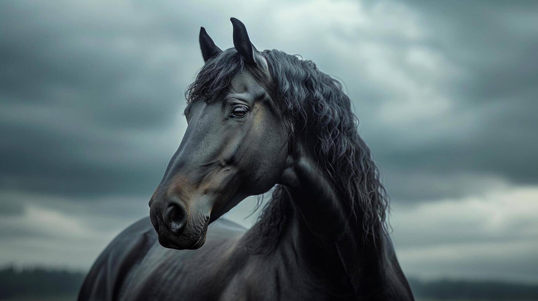 ai généré une puissant, ébène cheval des stands grand contre une spectaculaire, nuageux ciel photo