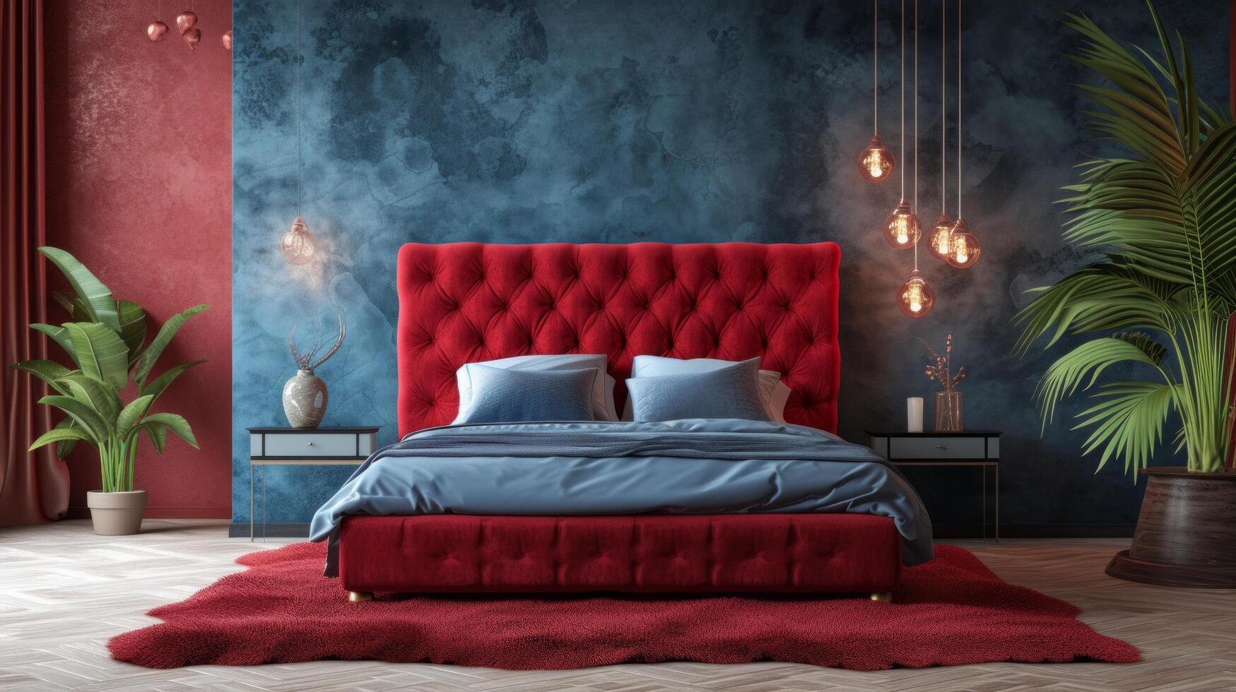 ai généré aux teintes profondes velours des lits ajouter un air de romance et luxe à moderne chambre décor photo