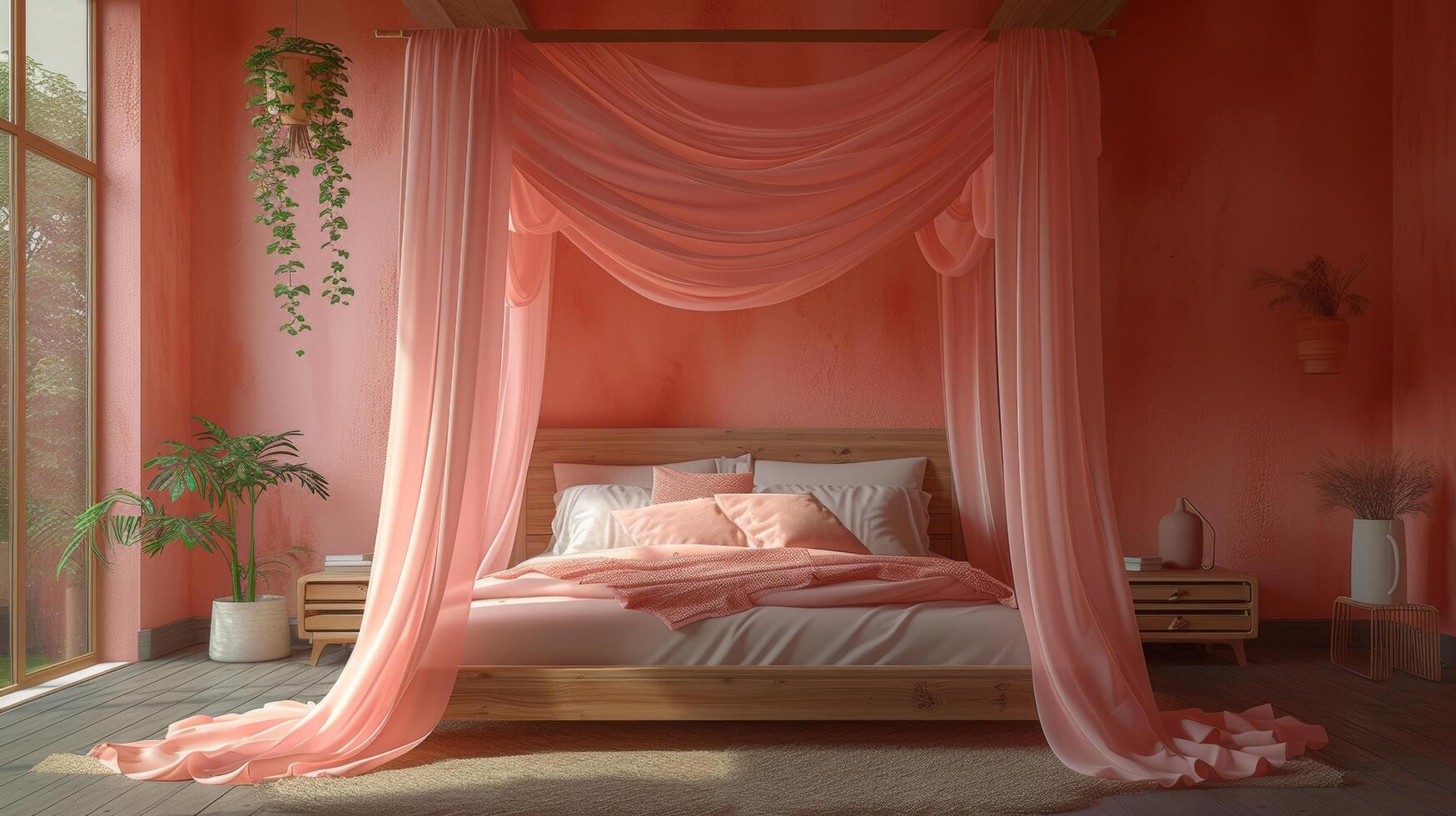 ai généré une canopée lit drapé avec rougir rose rideaux, attrayant confortable heure du coucher histoires et paisible sommeil photo