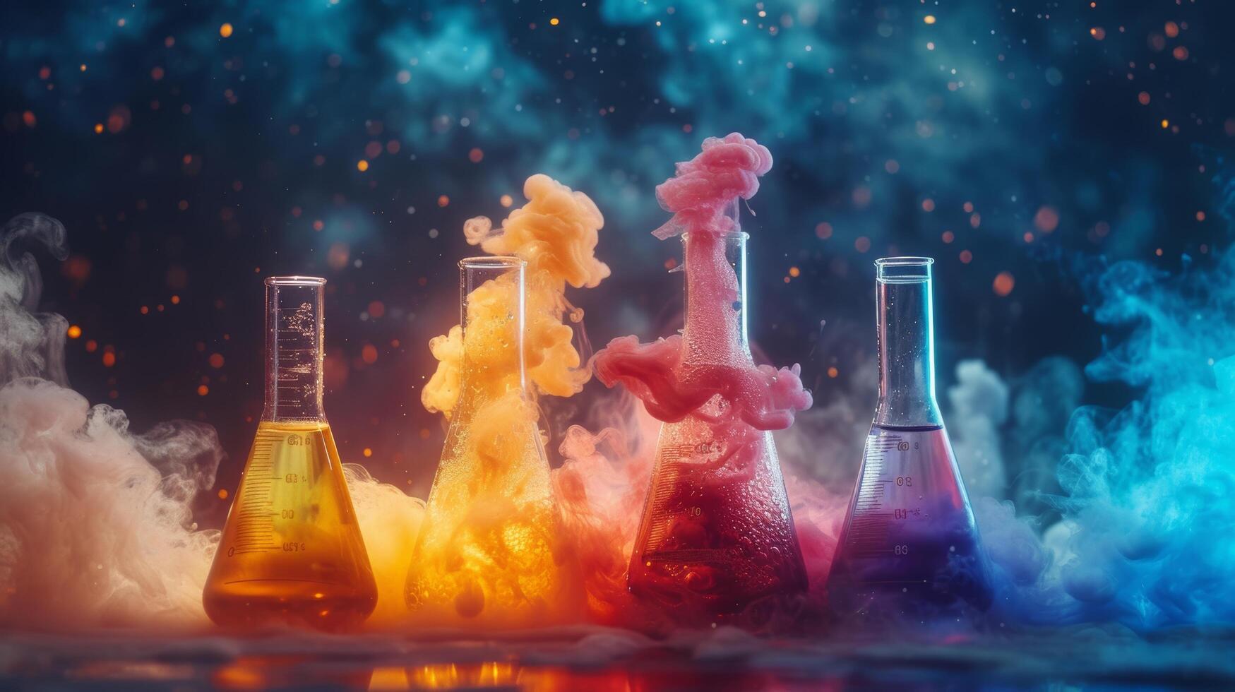 ai généré vibrant produits chimiques réagir dans gobelets, mettant en valeur le dynamique beauté de chimie photo