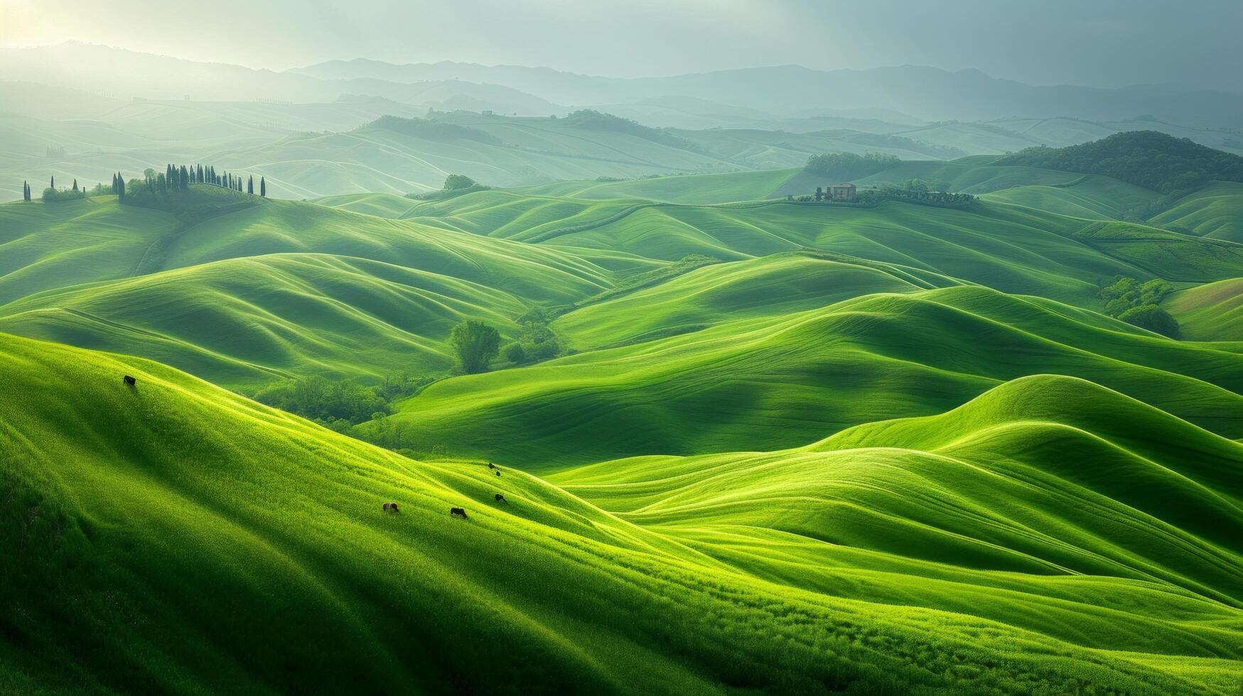 ai généré roulant collines couvert dans une patchwork de émeraude vert des champs photo