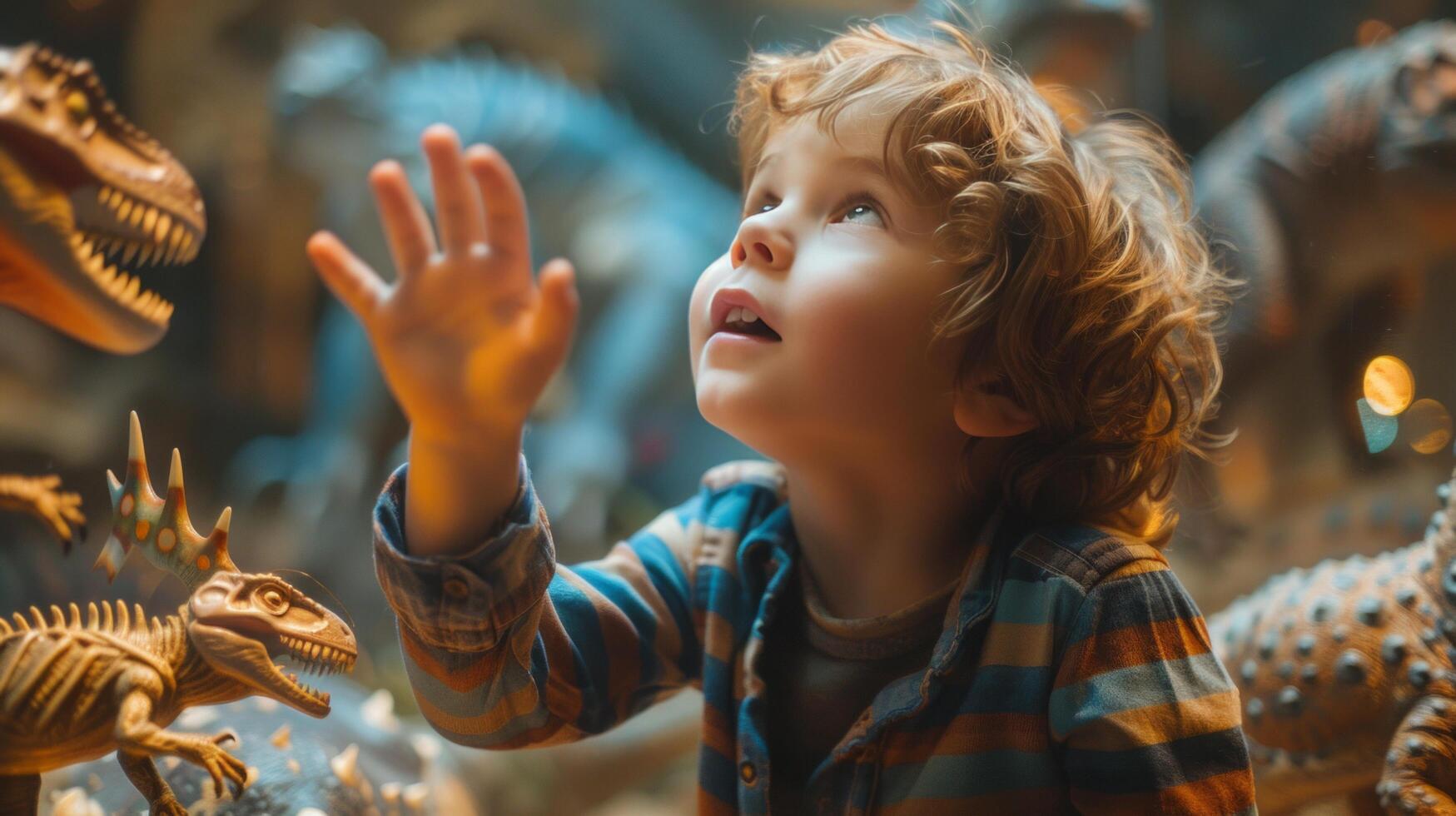 ai généré étincelle curiosité et merveille. large yeux, tendu mains, une enfant captivé par une musée exposition photo