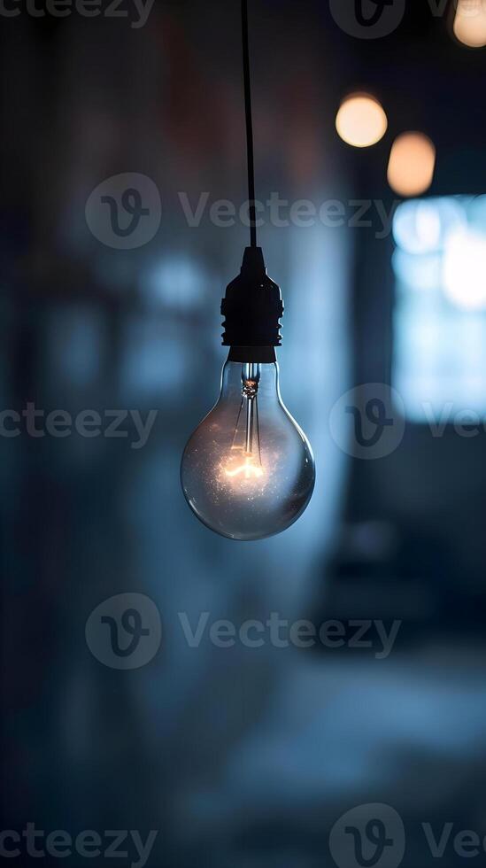 ai généré une lumière ampoule pendaison de une plafond dans une foncé pièce photo