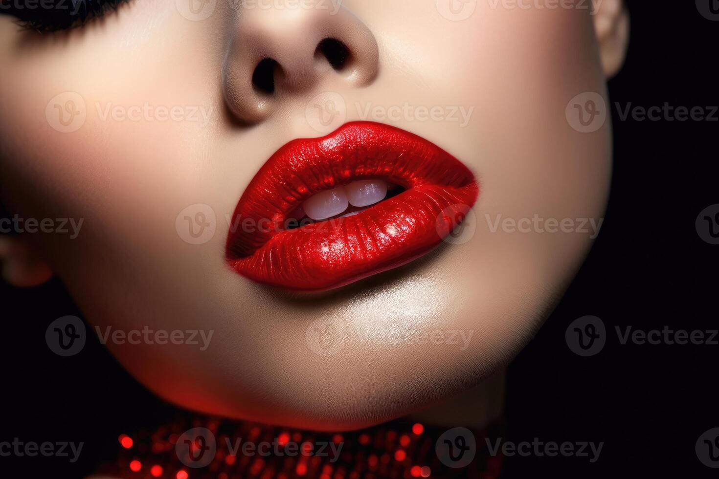 ai généré fermer beauté portrait de une Jeune femme avec rouge rouge à lèvres. photo